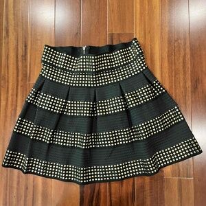 Neslay Black Gold‎ Studded Skirt Mini Elastic Waistband Pleated A Line Zip Sz L